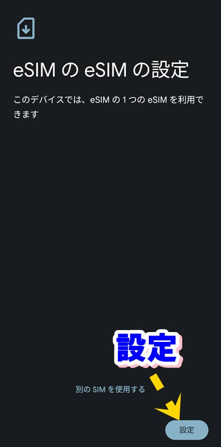 eSIMプロファイルのインストール完了後に「設定」する画面