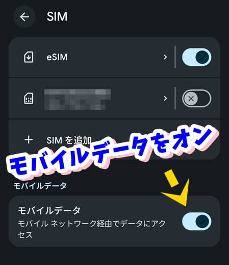 eSIM利用開始のためモバイルデータをオンにする設定