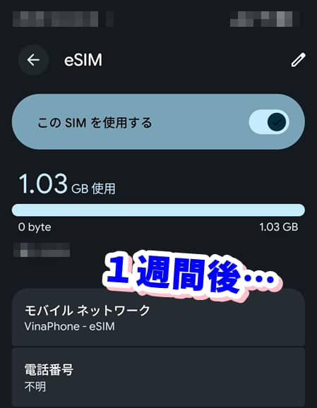 eSIMのデータ消費量。1週間経過で約1GBを指しているスクリーンショット
