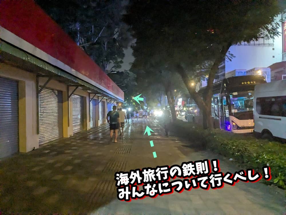 ロンヴァン水上人形劇場の前の大通り。ベンタイン市場法メインに徒歩で帰ってる人々の様子。