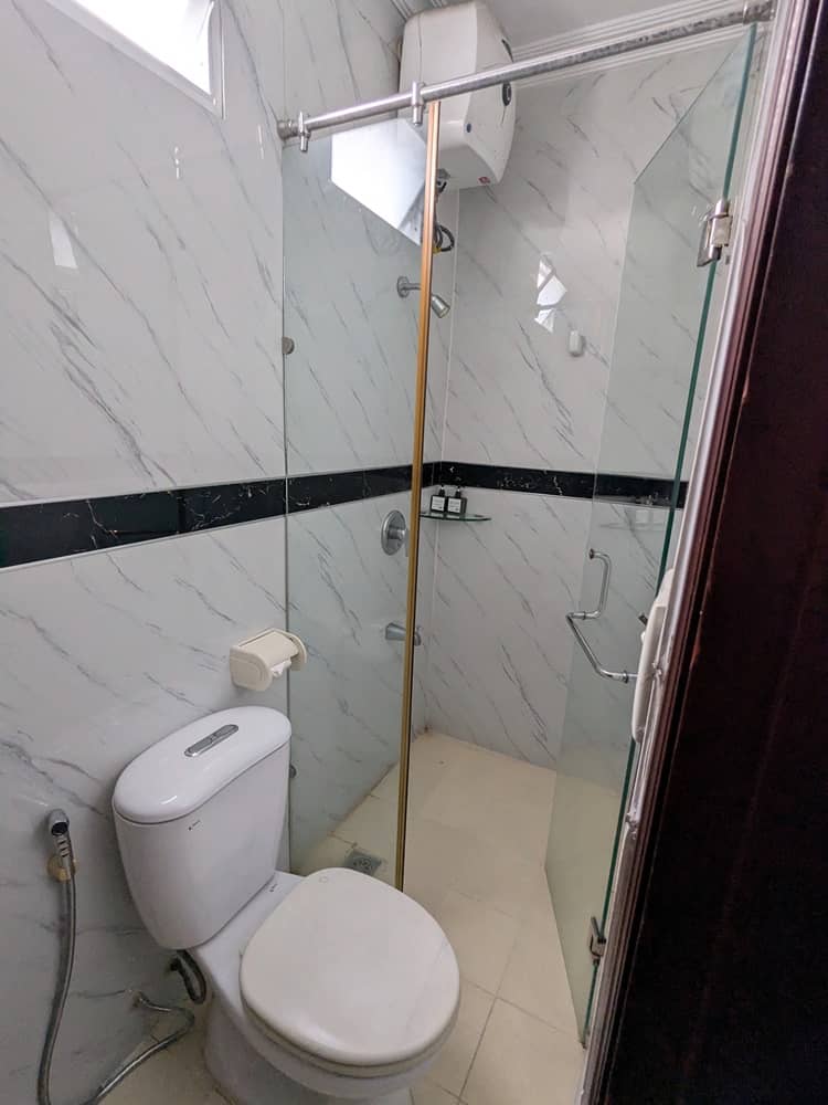 洋式便器の先にガラス張りでセパレートされたシャワー室がある。