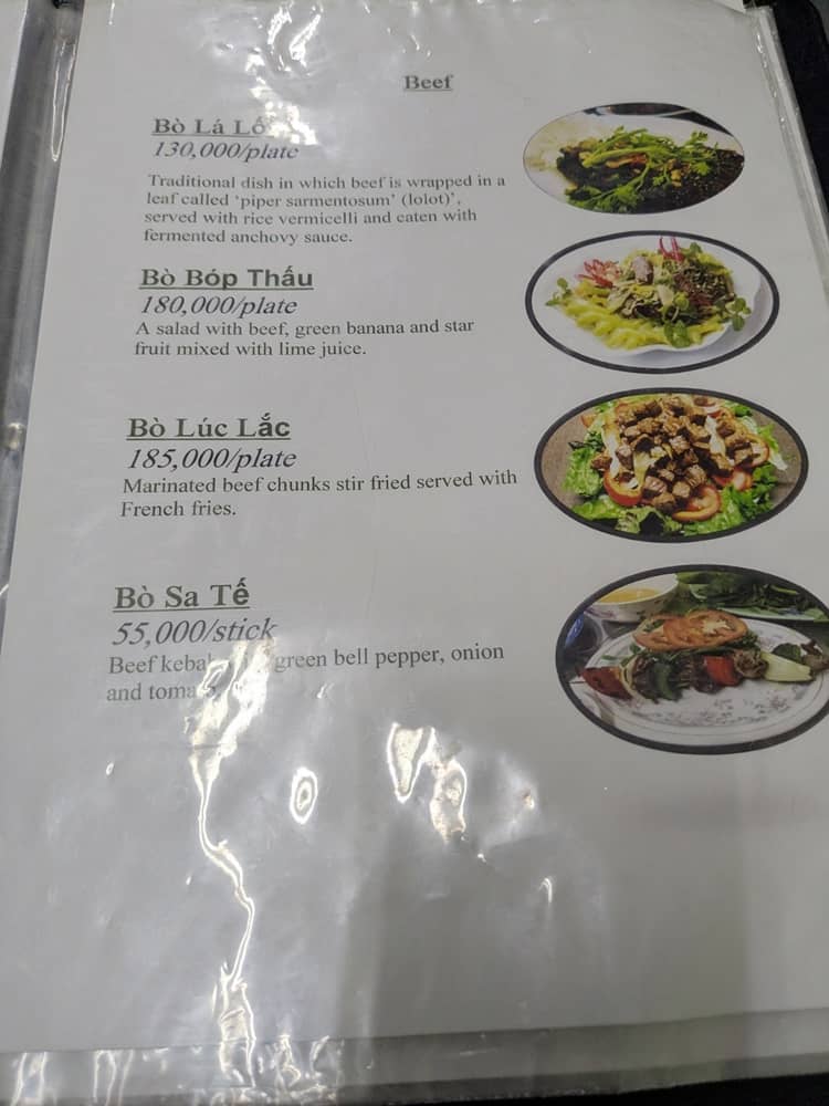 バインセオ46Aのメニュー。ビーフ料理のページ。